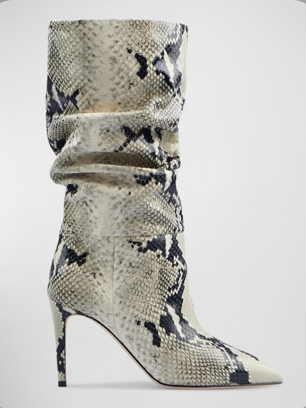 Paris Texas Python-Print Slouch Stiletto Boots in Ivory and Black Size 40